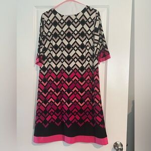 Eliza J Geometric Lined Dress 14W Pink/Black/Cream